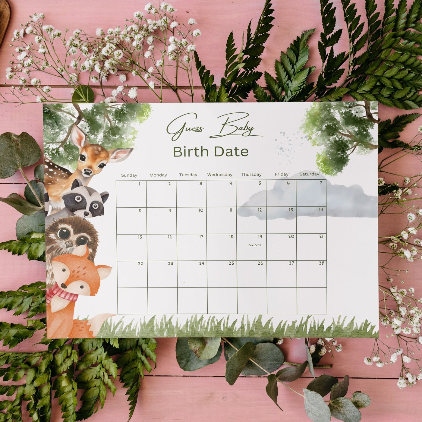 Editable Woodland Boy Baby Shower Due Date Calendar, Guess Birth Date, Guess Baby Birthday Calendar, Boy Forest Animals