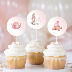 Tea Party Cupcake Toppers Tea Birthday Cupcake Toppers Favor Tag Girl Tea For Two Whimsical Floral Pink Gold Download Di