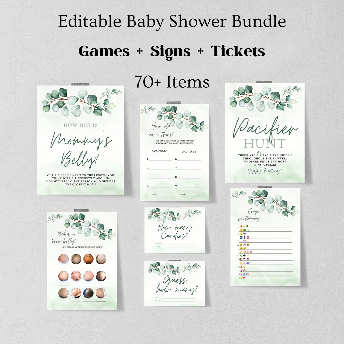Eucalyptus Baby Shower Game, Greenery Baby Shower Game Bundle, 70 Baby Shower Games Included, Printable Game Package 122