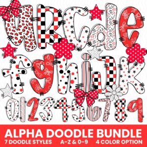 Preppy Alpha set, School Spirit Alpha Set Png, Doodle Letters, Hand Lettered, Blue and Black, Red, Green, Gold, Maroon,