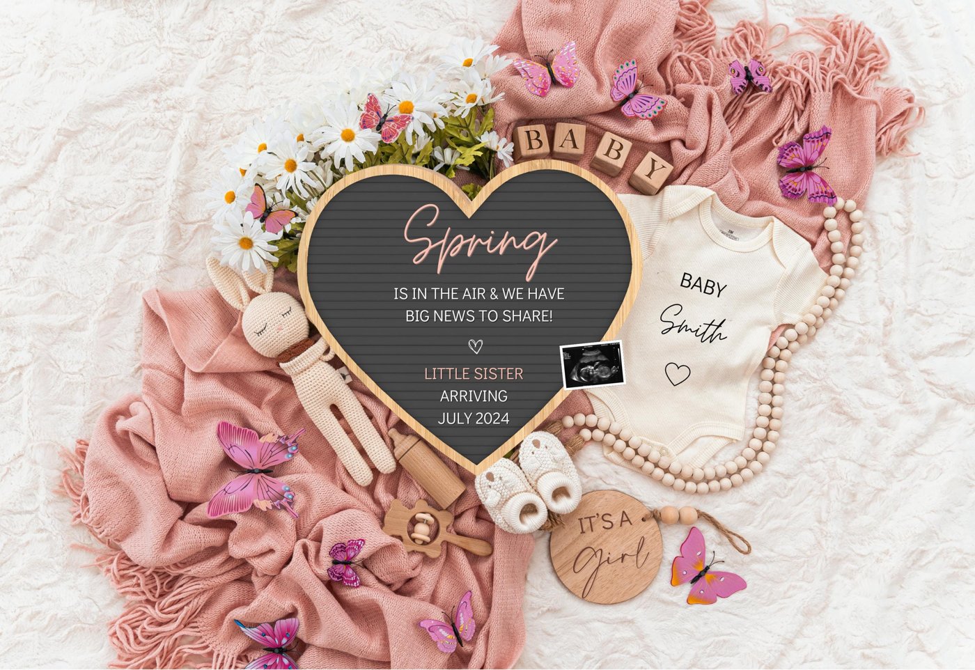 Spring Girl Pregnancy Announcement Digital Baby Announcement Girl Gender Reveal Social Media Reveal Template Its a Girl
