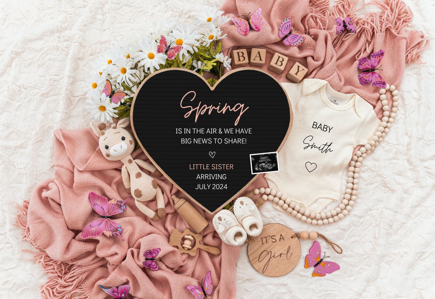 Spring Girl Pregnancy Announcement Digital Baby Announcement Girl Gender Reveal Social Media Reveal Template Its a Girl