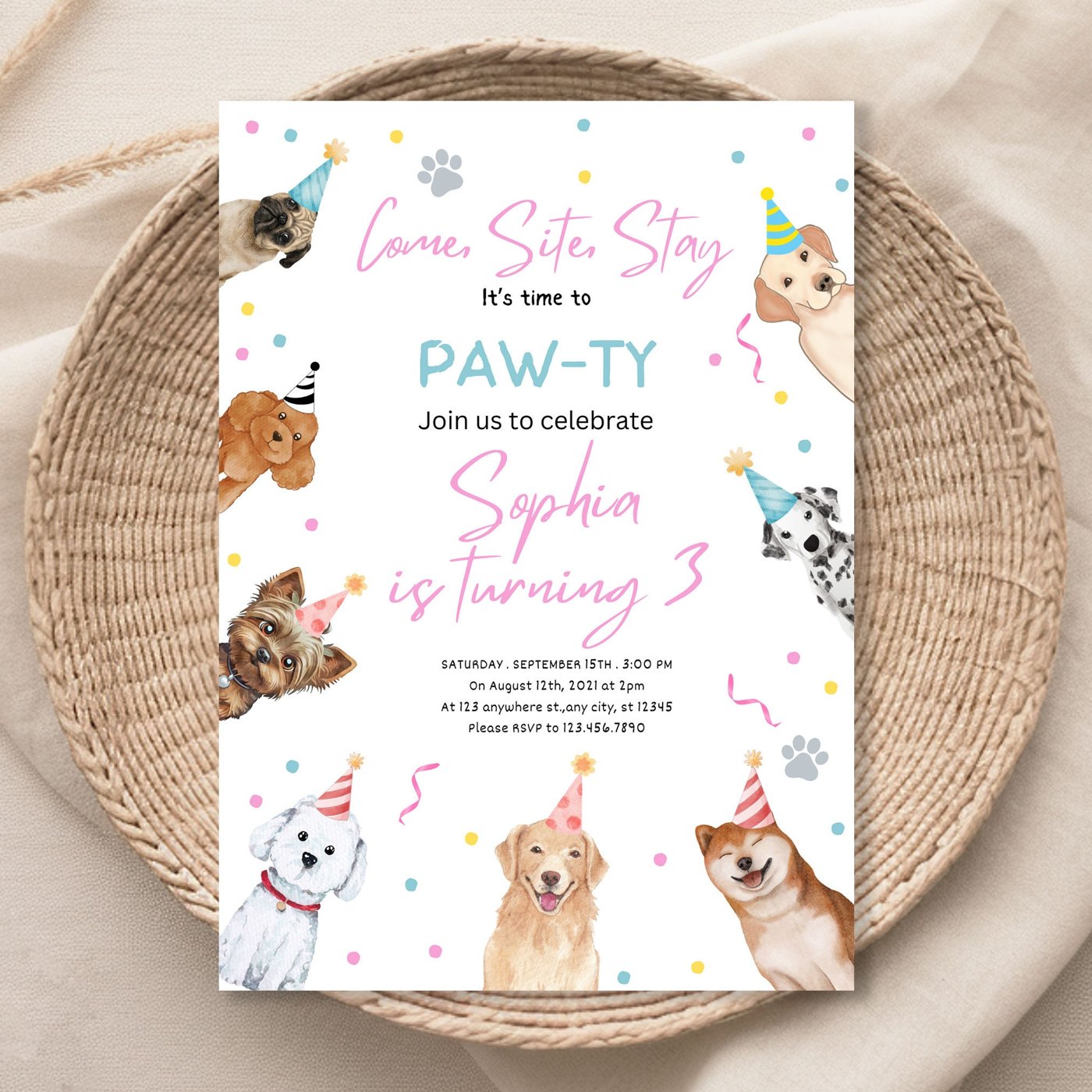 Editable Dog Birthday Party Invitation Puppy Birthday Invite Pink Girl Doggy Shelter Animal Pet Vet Download Printable T