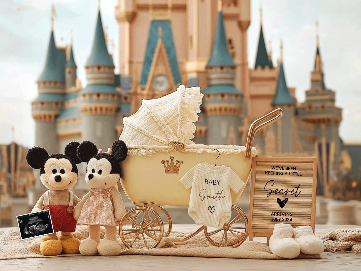 Whimsical Pregnancy Reveal – Editable Digital Template Featuring Mikey & Mini, Gender-Neutral Design with Magic Castle