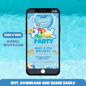 Pool Party Editable Mobile Invitation Template, Summer Birthday Evite, Text Party Design, Pool Party Digital, Electronic