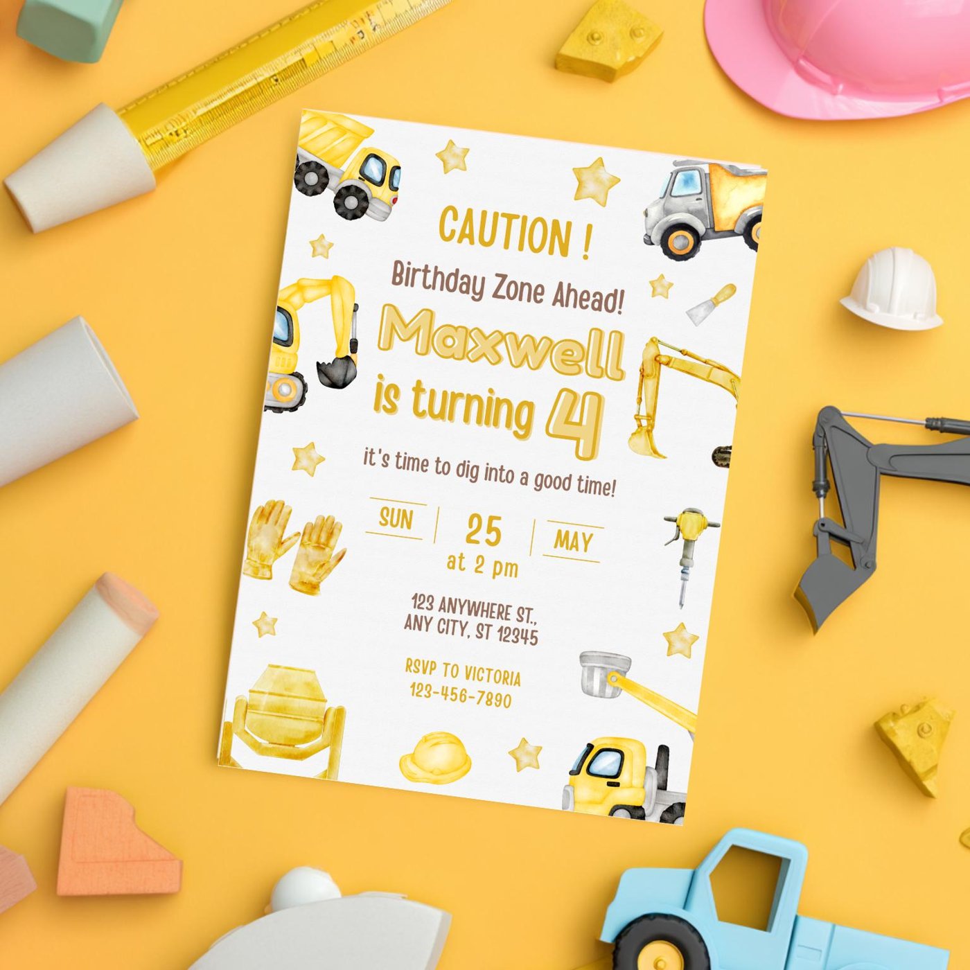 Construction Birthday Invitation Template, Dump Truck Party Design, Editable Printable File, Digital Instant Download fo