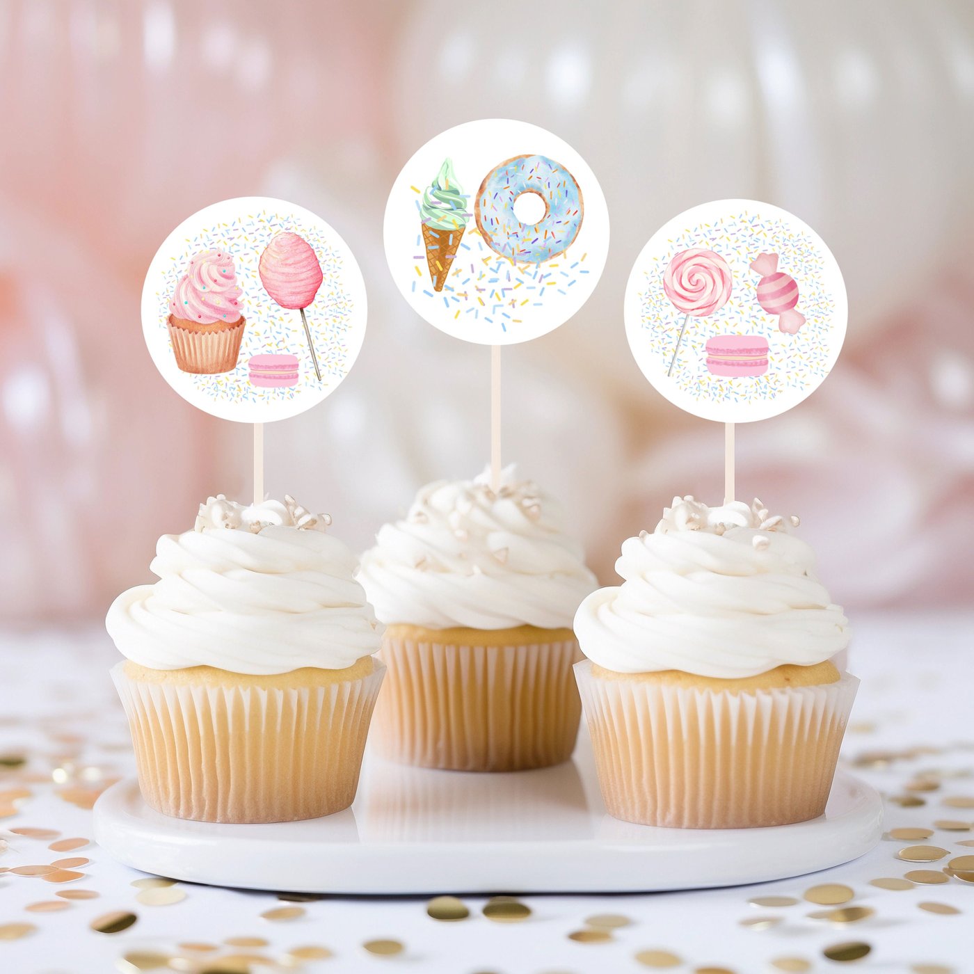 Editable Candy SWEET SASSY and SEVEN girl Birthday Party Simple Cake Topper cotton candy sweets donut Pink Party Cupcake