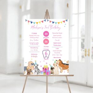 Editable Puppy Birthday Milestone Sign Let's Paw-ty Girl Puppy Birthday Milestone sign Puppy Dog Birthday Pink Gold Ball