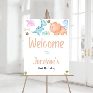 Editable Pastel Baby Dinosaur Birthday Party Welcome Sign, Printable Stomp Chomp Roar RAWR Celebration, Decor Sign Templ