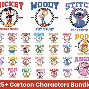 25+ Disey Cartoon Checkered Png Bundle, Mikey and minie mouse, Yellow honey bear, Blue Alien Stich, Story toy, checker