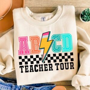 Retro ABCD Teacher tour png, First Day Of School Teacher Bright Doodles, Retro Back To School Png