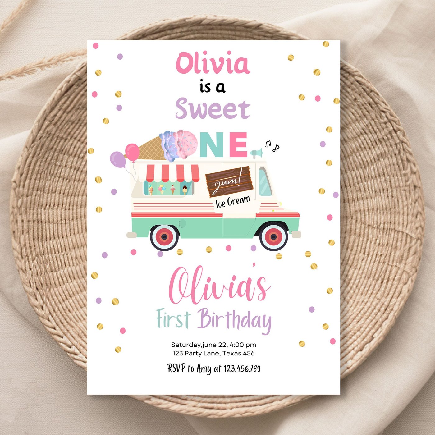 Editable Ice Cream Truck Birthday Invitation Ice Cream Sweet One 1st Birthday Party Cone Pink Mint Purple Printable Temp
