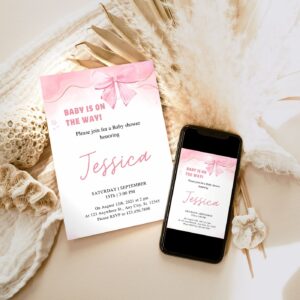 EDITABLE Pink Bow Baby Shower Invitation, Minimalist Pink Watercolor Ribbon Blush Baby Shower Electronic Invitation Pho