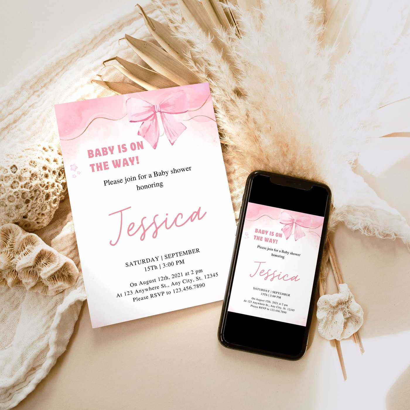EDITABLE Pink Bow Baby Shower Invitation, Minimalist Pink Watercolor Ribbon Blush Baby Shower Electronic Invitation Pho