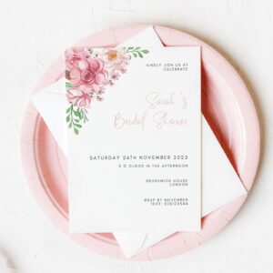 Pink bridal shower invitation template, pink floral and eucalyptus printable invitation, pink & green editable text part
