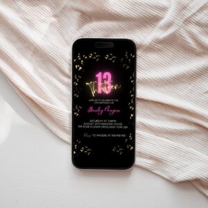 Bruh 13Th Birthday for girl, Boy Birthday Invitation, Teenager Birthday, Gold Glitter Pink Neon Electronic invitation Di