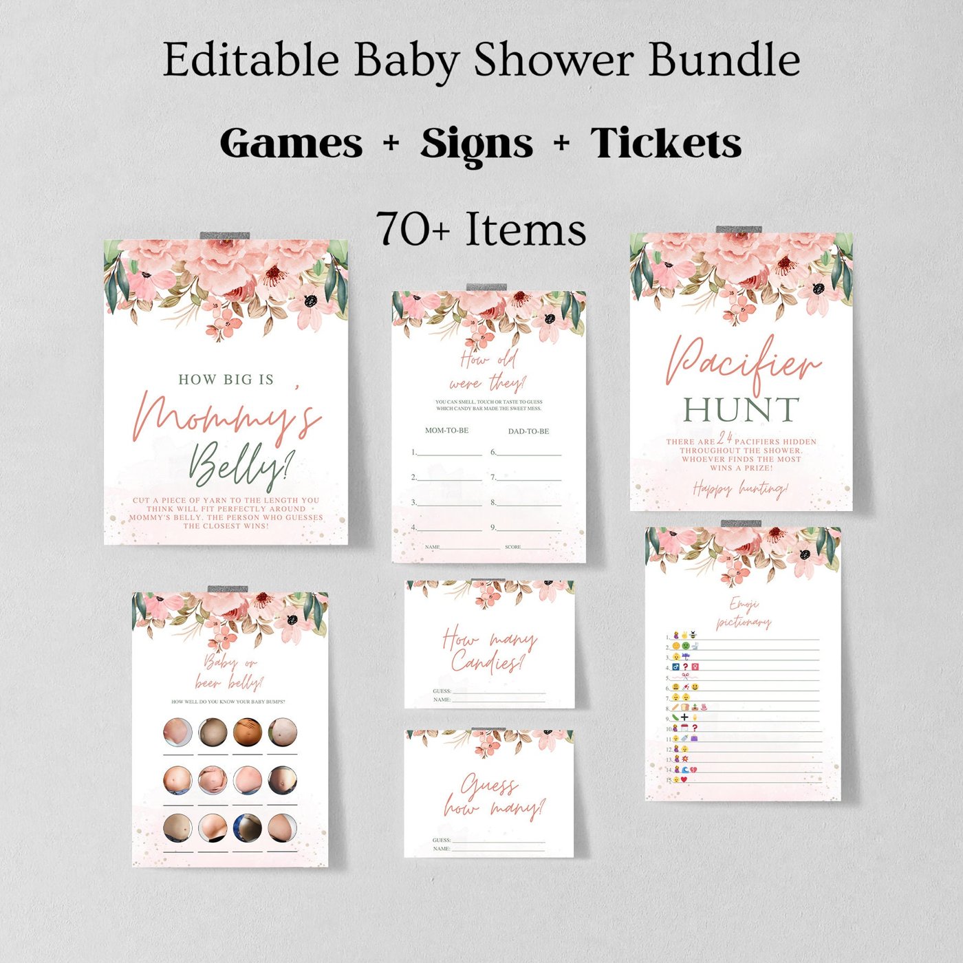 Blush Pink Floral Baby Shower Games bundle, Editable baby shower games, Floral baby shower games printable, Girl baby sh