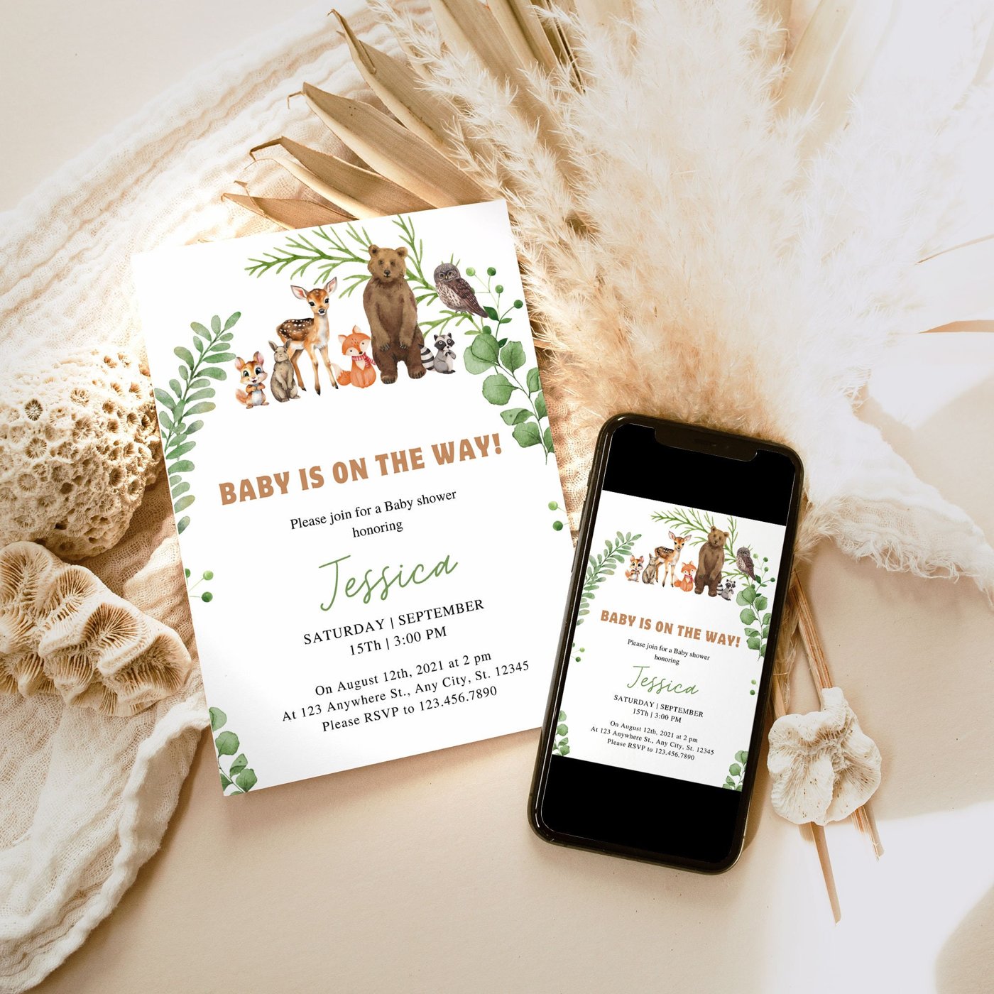 EDITABLE Woodland Animals Baby Shower Invitation, Forest Animals Baby Shower Electronic Invitation Phone Template 1215