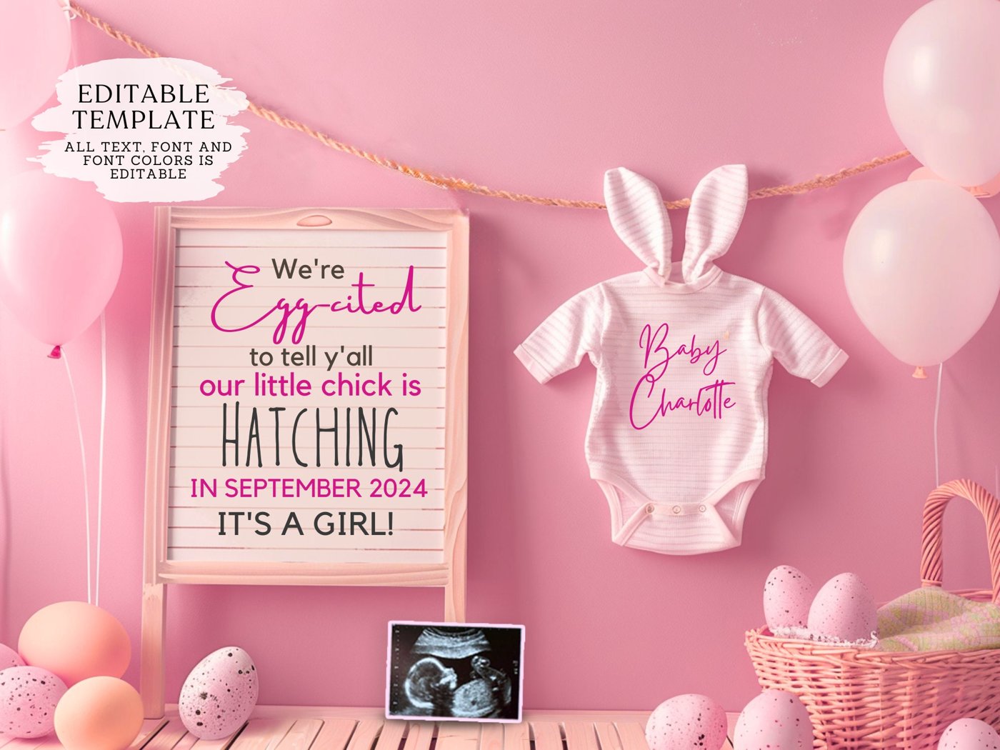 Girl Easter Pregnancy Announcement Digital, Spring Baby Announcement, Gender Neutral Template, April Boho Reveal, Easter
