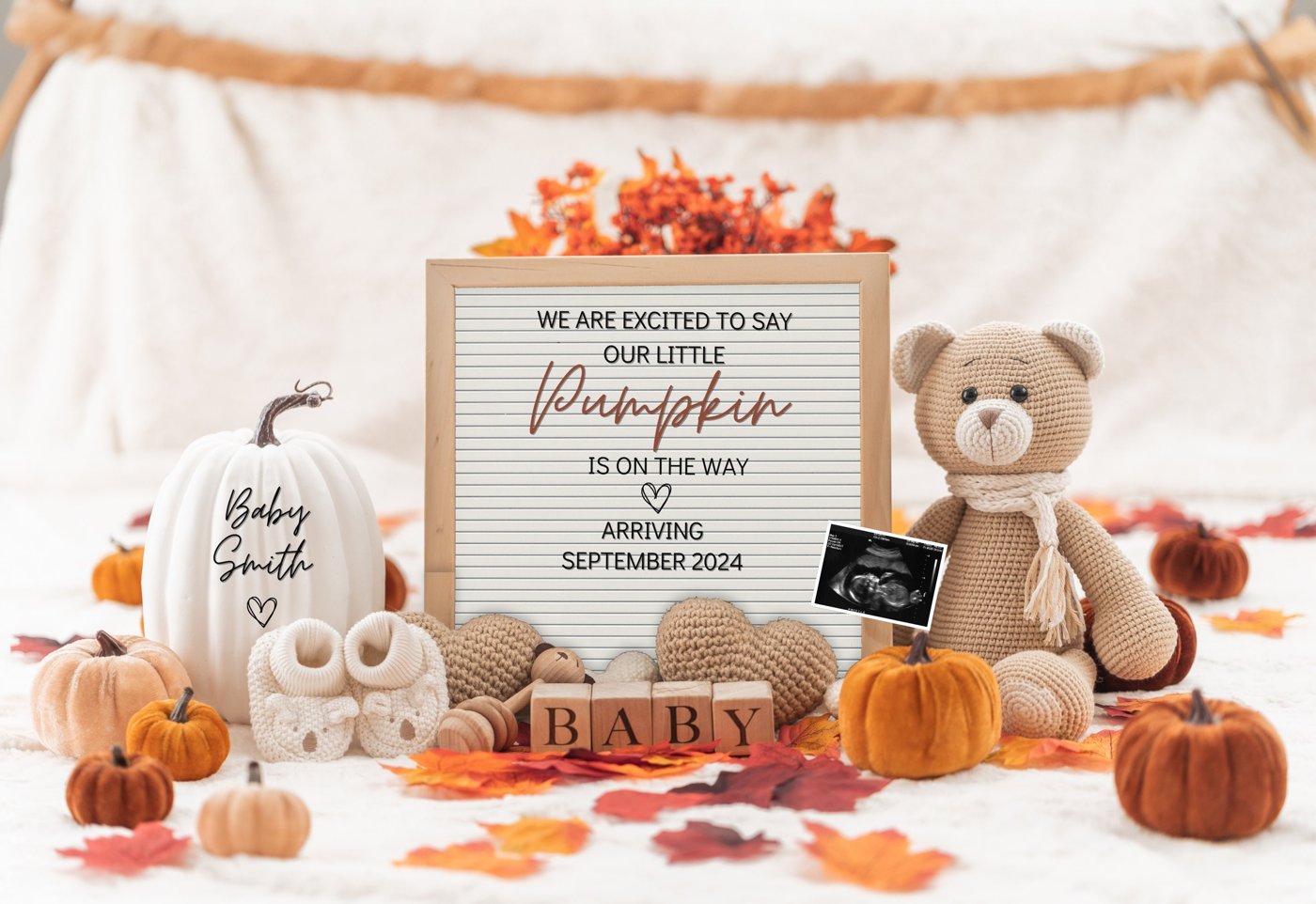 Fall Pregnancy Announcement Digital Baby Announcement Neutral Autumn Boy Gender Reveal Girl Editable Template Instant Do