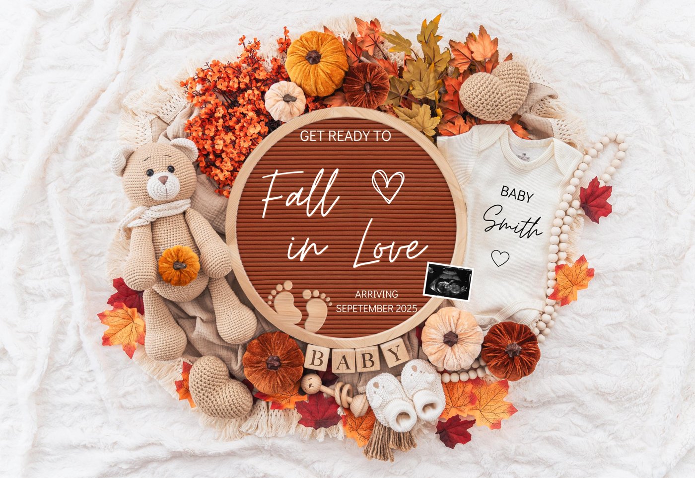 Fall In Love Pregnancy Announcement Digital, Autumn Baby Announce, Neutral, Instant Editable Template, Social Media, Gen