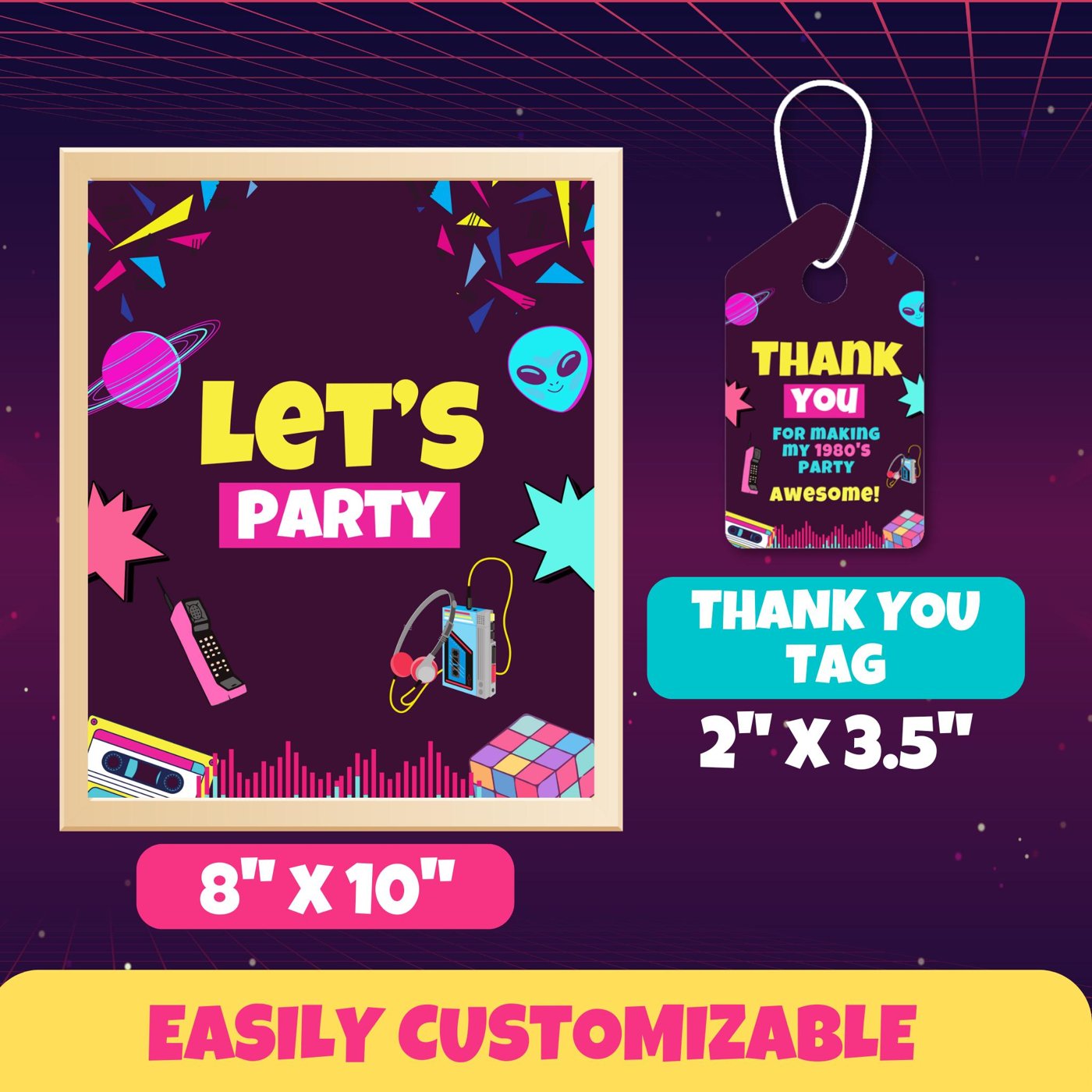 Editable 80s Party Table Sign and thank you tag Template, Back to the 80s Theme, Throwback Celebration, Retro Birthday D