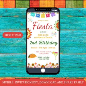 Editable Fiesta Birthday Mobile Invitation Template – Bright Mexican-Inspired Design with Cactus, Hot Pink & Orange Flor