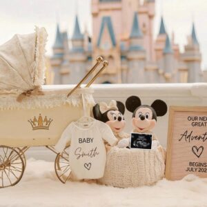 Whimsical Pregnancy Reveal – Editable Digital Template Featuring Mikey & Mini, Gender-Neutral Design with Magic Castle