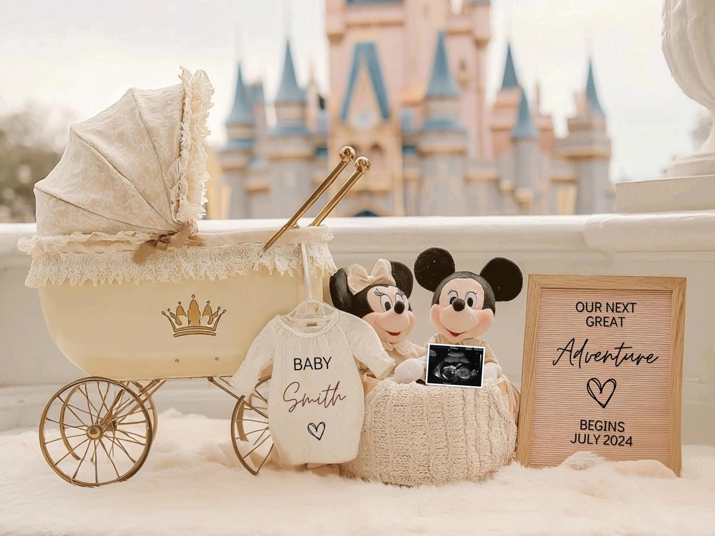 Whimsical Pregnancy Reveal – Editable Digital Template Featuring Mikey & Mini, Gender-Neutral Design with Magic Castle