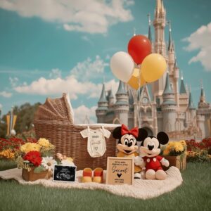 Mikey & Mini Pregnancy Reveal – Editable Digital Template, Whimsical Gender-Neutral Design with Magic Castle