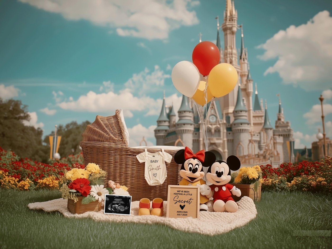 Mikey & Mini Pregnancy Reveal – Editable Digital Template, Whimsical Gender-Neutral Design with Magic Castle