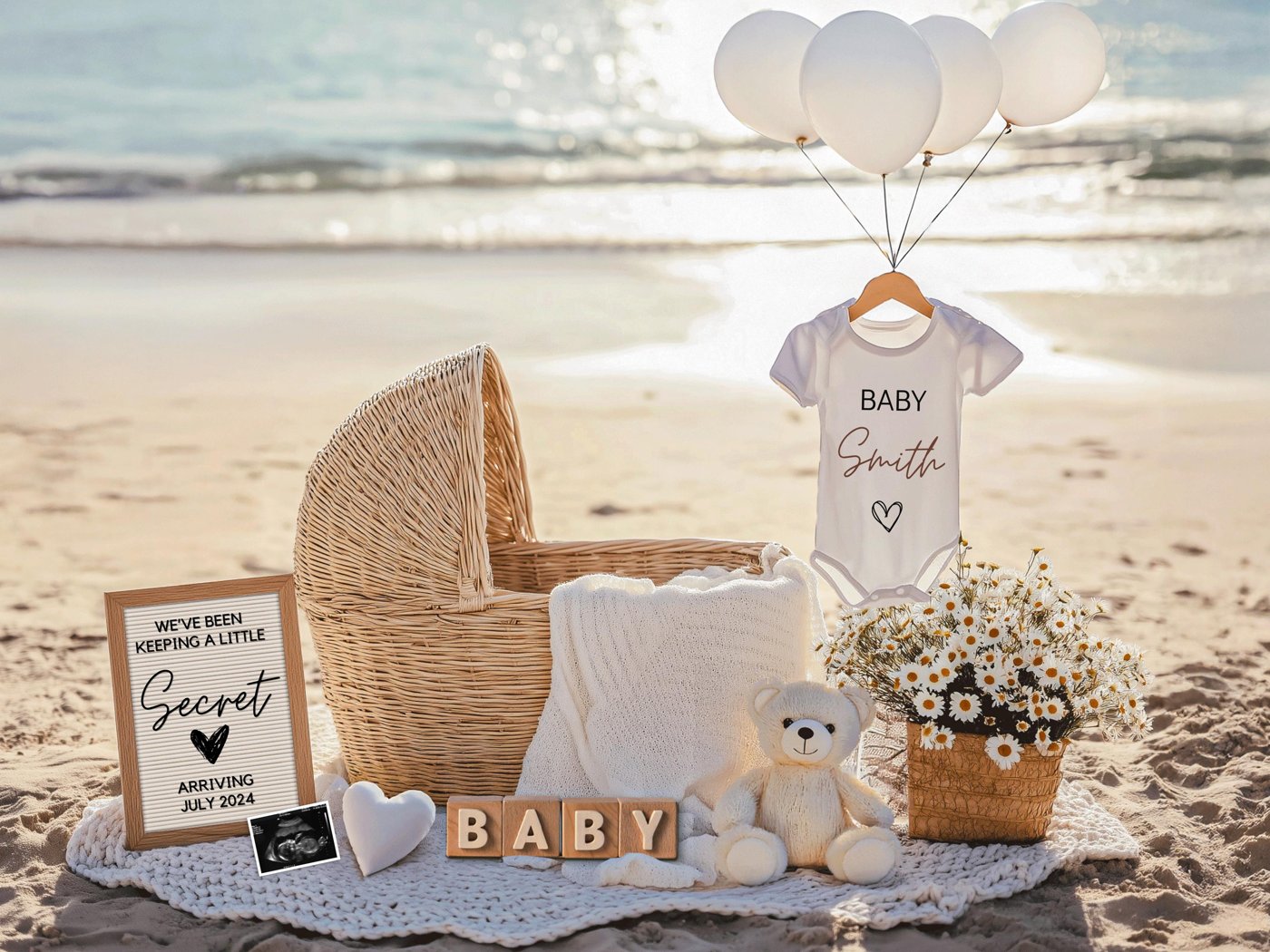 Editable Beach-Themed Pregnancy Announcement | Nautical Baby Reveal Template | Instant Download | Coastal Secret Surpris