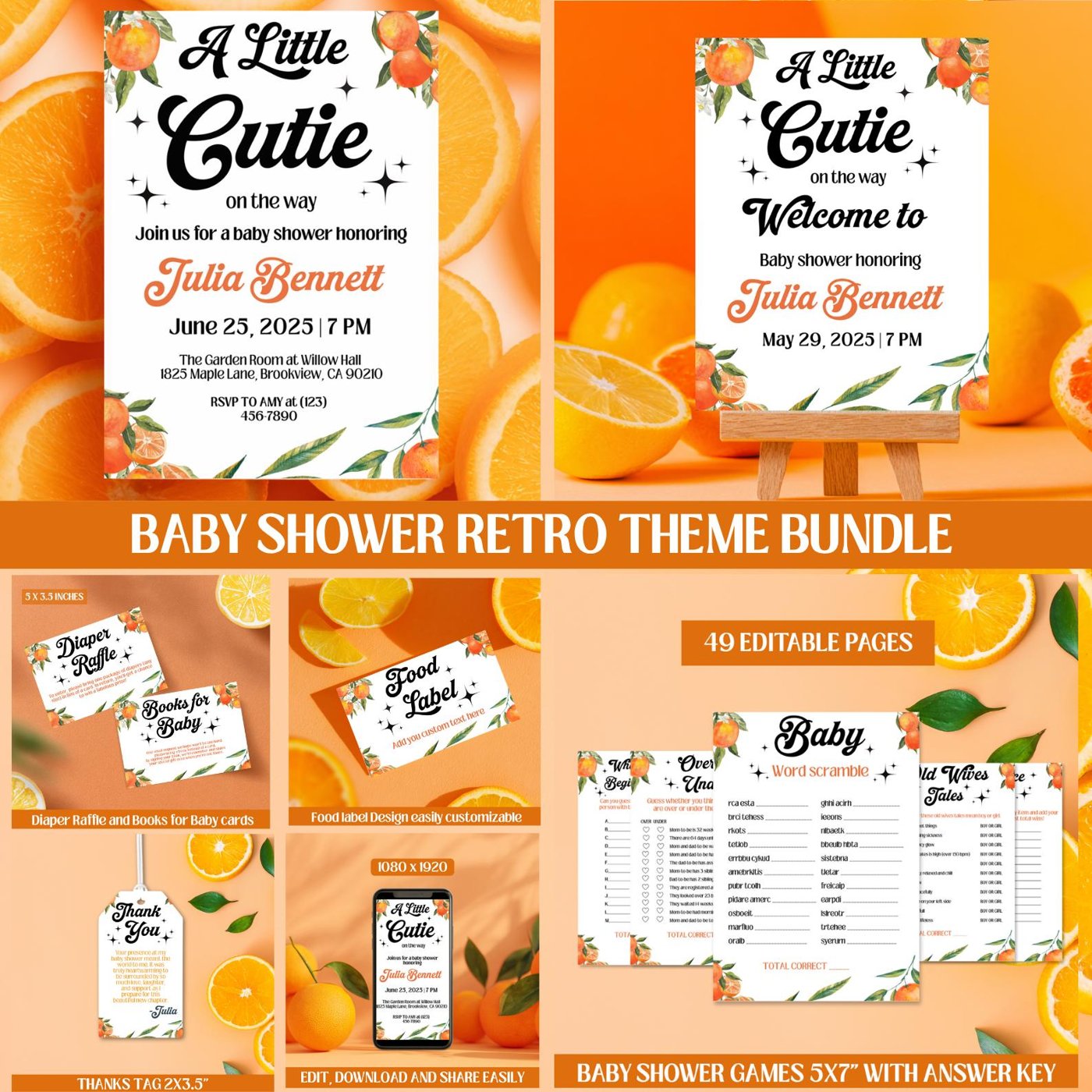 Little Cutie Baby Shower Bundle – Gender-Neutral Editable Templates, "A Little Cutie is on the Way" Instant Canva Downlo