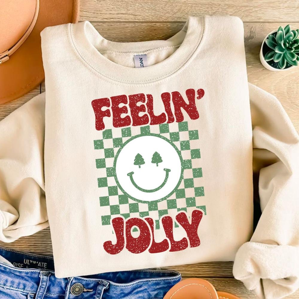 Checkered Jolly Christmas SVG PNG DXF, Retro Xmas Sublimation, Xmas Tree Vintage Feeling Jolly Cut File, Smile Face Hol