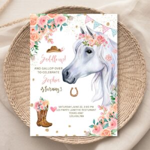 Editable Horse Birthday Invitation Girl Saddle Up Watercolor Cowgirl Party Horse Invite Pink Floral Download Printable T
