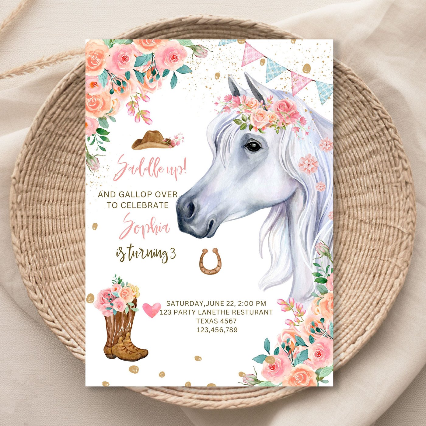 Editable Horse Birthday Invitation Girl Saddle Up Watercolor Cowgirl Party Horse Invite Pink Floral Download Printable T