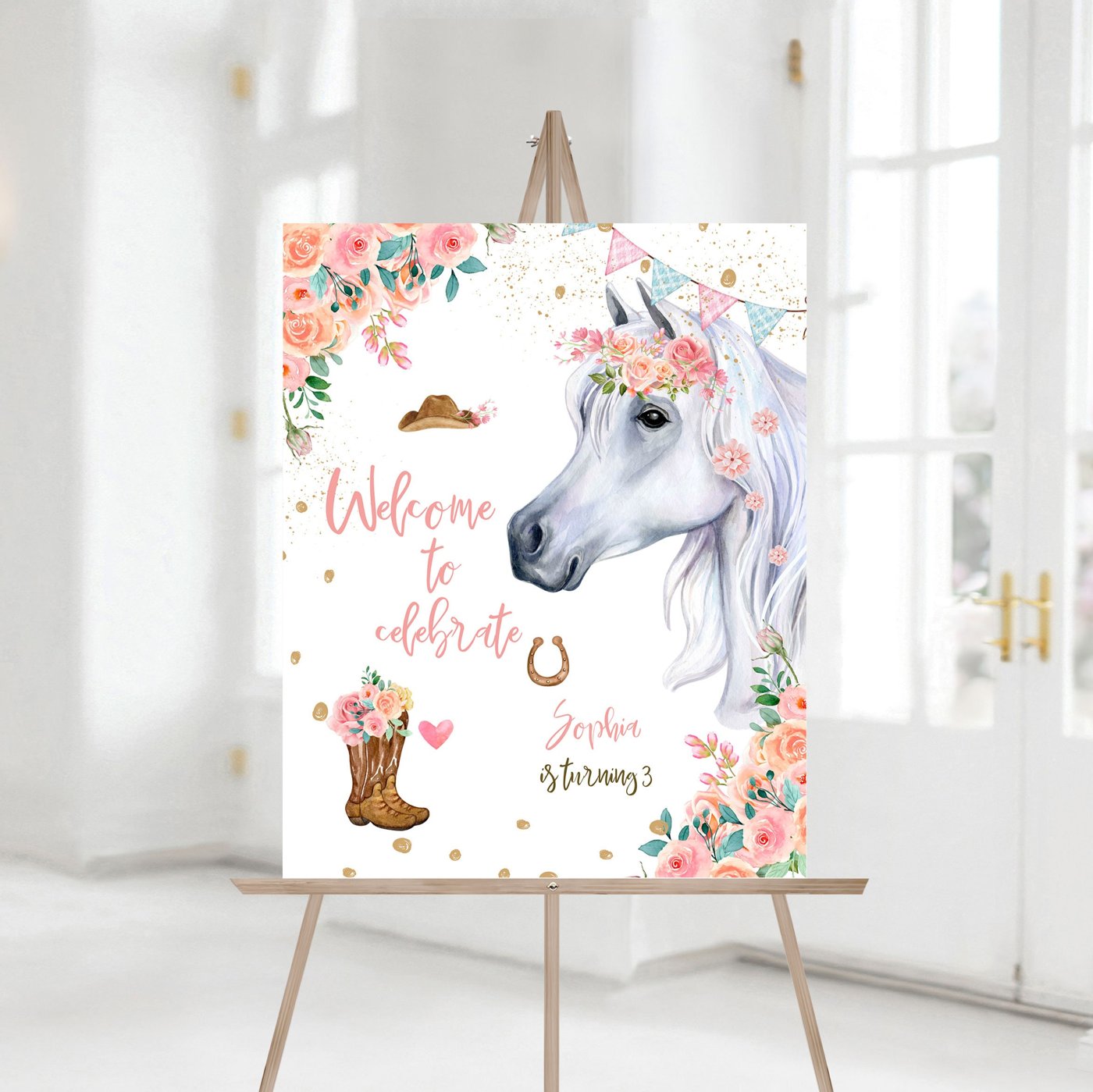Editable Horse Birthday Welcome Sign Pony Birthday Welcome Sign Cowgirl Party Floral Girl Horse Party Download Template