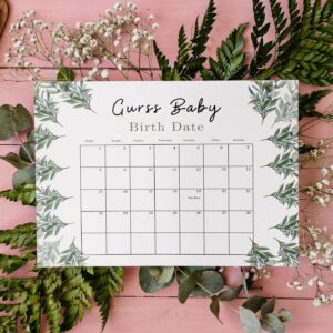 Editable Greenery Baby Shower Due Date Calendar, Guess Birth Date, Green Gold Watercolor Botanical Baby Birthday Calenda