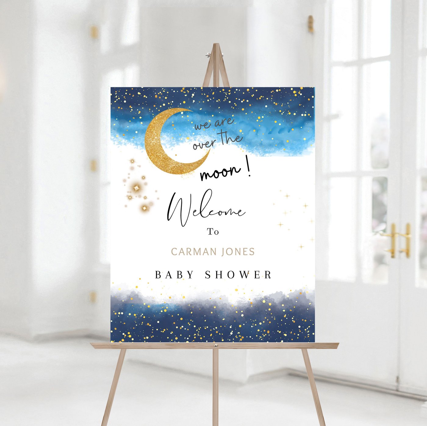 Editable We are over the Moon Baby Shower Welcome Sign, Blue Twinkle Little Star Baby Shower Welcome Sign, Printable Bab