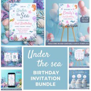 Oneder the Sea Birthday Template Bundle, Under the Sea Editable Design, 1st Birthday Celebration, Ocean Animals Theme S0