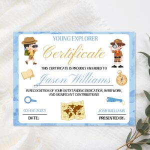 Young Explorer certificate – Printable Award Template – Fun Achievement Certificate for Children – Customizable Design