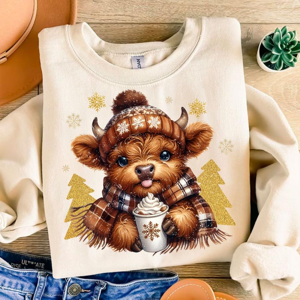 cute highland cow PNG Christmas trees clipart hot cocoa design cozy winter fluffy cow PNG snowflakes digital xmas holida