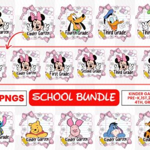 Stich Mikey Mouse Honey Bear Cartoons Back to School Bundle, Blue Alien Girly Coquette Sublimation, Pink Bow Pre-k 1st/2