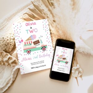 Editable Ice Cream Truck Birthday Invitation Ice Cream Birthday Party Cone Pink Mint Purple Any Age Scoop Printable Temp