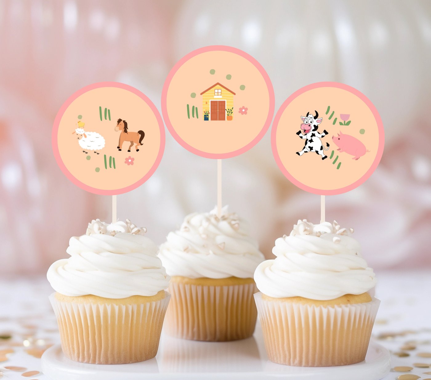 Pink Farm Birthday Cupcake Toppers Favor Tags Barnyard Birthday Party Decor Girl Farm Animals Sticker Modern download Di