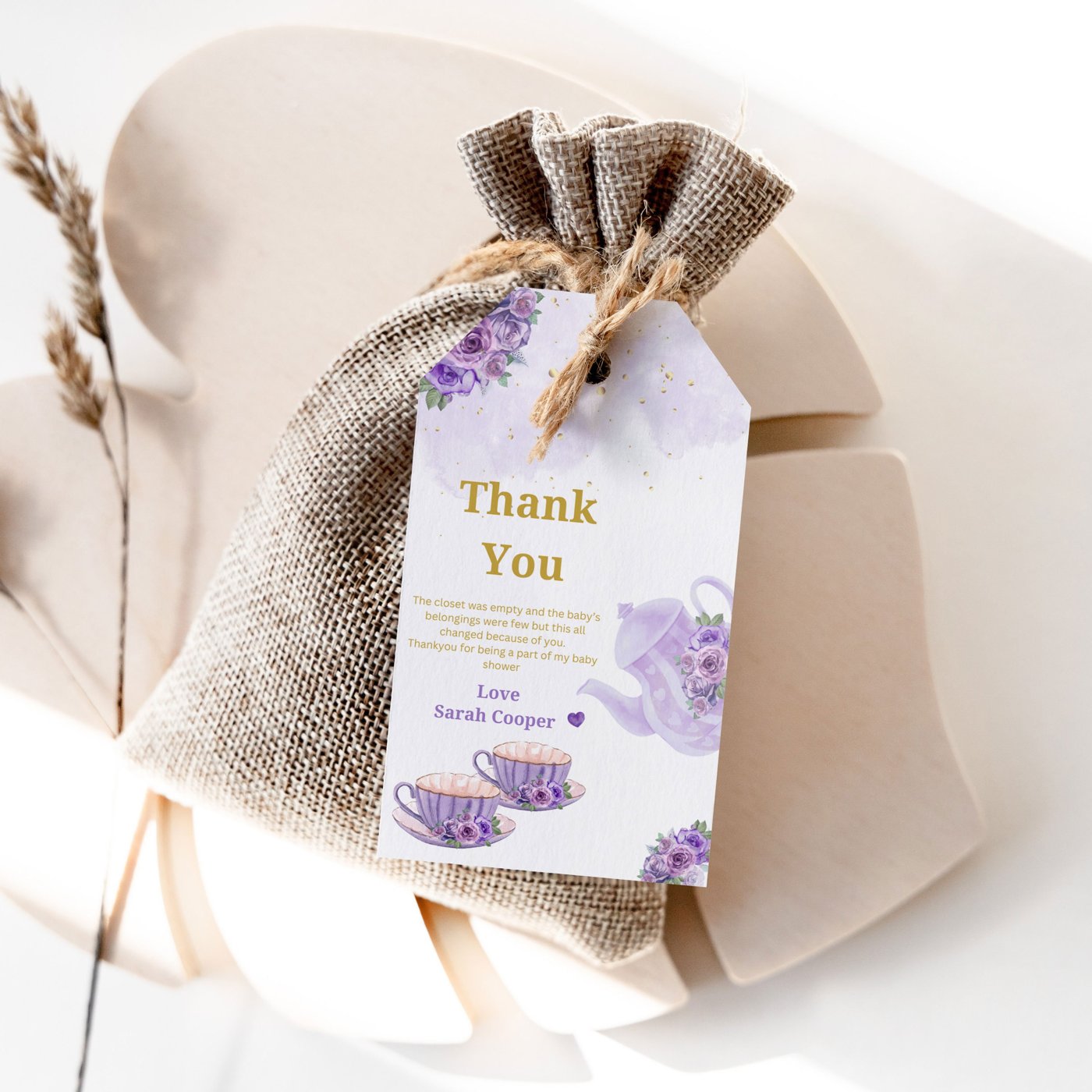 Lavender Bridal Shower Thank you tags, Love is Brewing Bridal Brunch Invite Purple Gold Floral Floral Favor Tags, Editab