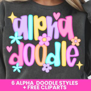 6 Colors Doodle Alphabet Preppy Letters & Numbers PNG Bundle, Colorful A-Z a-z 0-9 Font, Teacher Back to School Sublimat