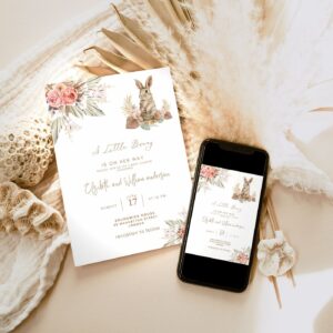 EDITABLE Pink Pampas Grass Girl Bunny Rabbit Baby Shower Invitation Boho Girl Baby Electronic Invitation Phone Template