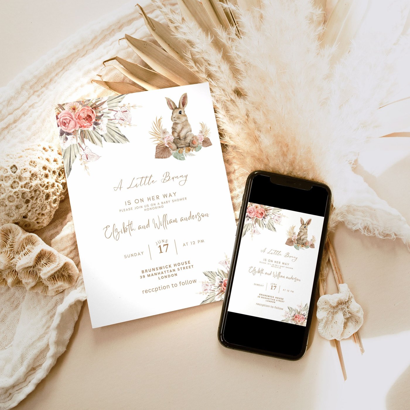 EDITABLE Pink Pampas Grass Girl Bunny Rabbit Baby Shower Invitation Boho Girl Baby Electronic Invitation Phone Template