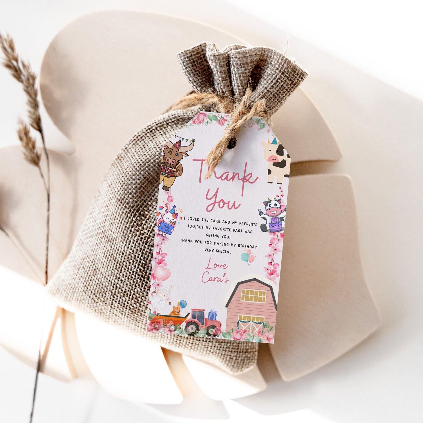 Editable Farm Birthday Party Favor Tag Printable Barnyard Farm Animals First Birthday, Girl Pink Gift Tag Template 1197